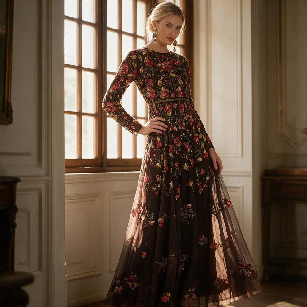 Mac Duggal Size 8 Style 94275 NWT Espresso Multi Floral Embellished Gown
